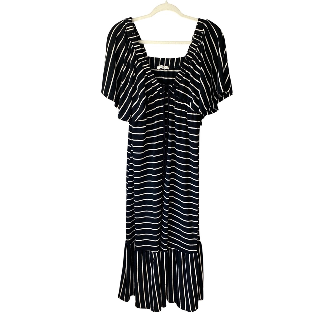 Rhea & Thea Striped Knit Midi Dress‎ Black White Flutter Sleeve Empire Waist